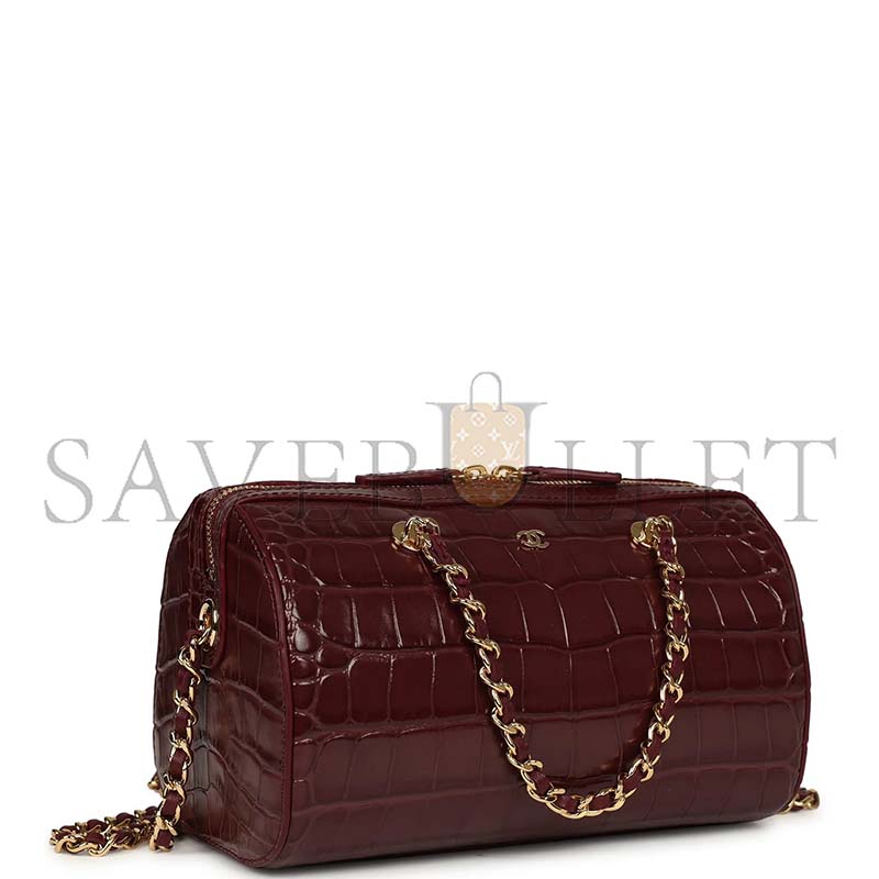 CHANEL MINI TIMELESS CLASSIC BARREL BAG WITH CHAIN DARK BURGUNDY CROCO EMBOSSED CALFSKIN GOLD HARDWARE AS5390 (18*13*10cm)